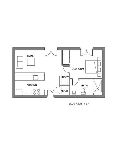 Floor plan for 1 bed, 1 bath, 413 sqft